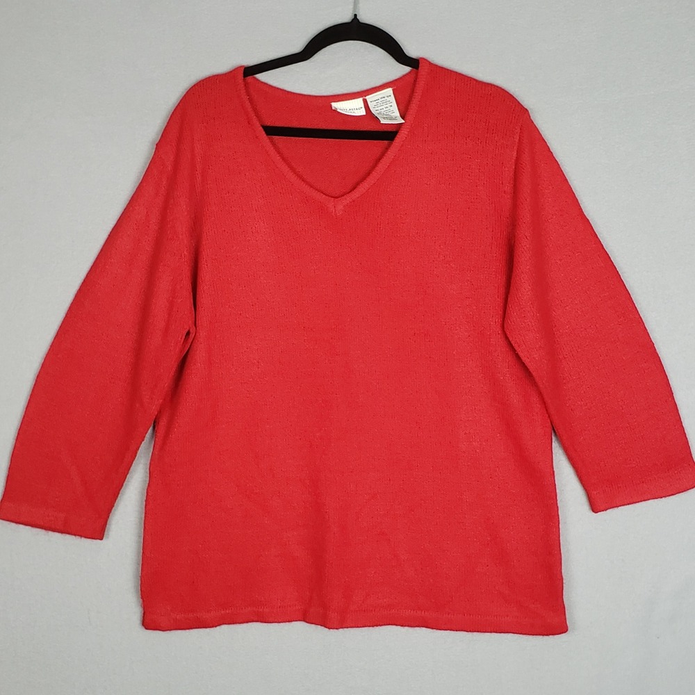 White Stag Size Plus 14W/16W V-Neck Sweater Red 3/4 Sleeve Casual Basic Pullover